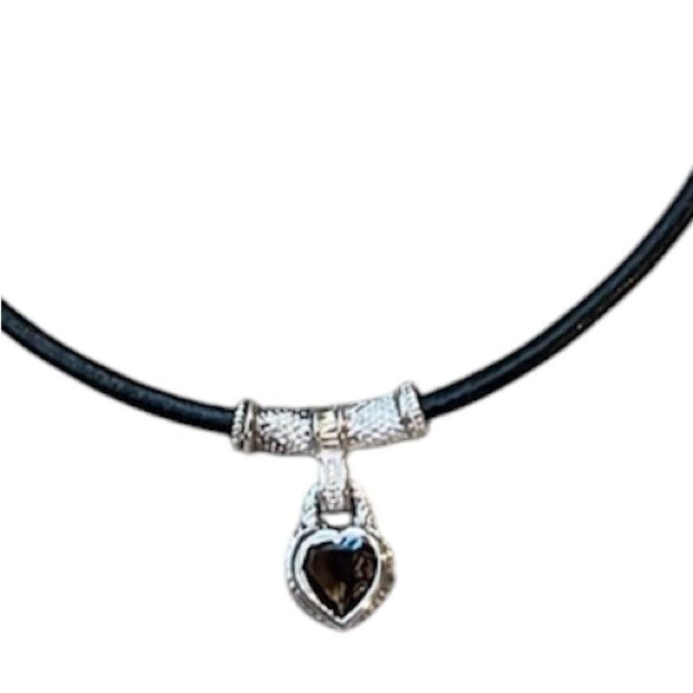 Judith Ripka JR TWO - Black Leather & Sterling  Smoky Quartz Heart Choker 15.5”